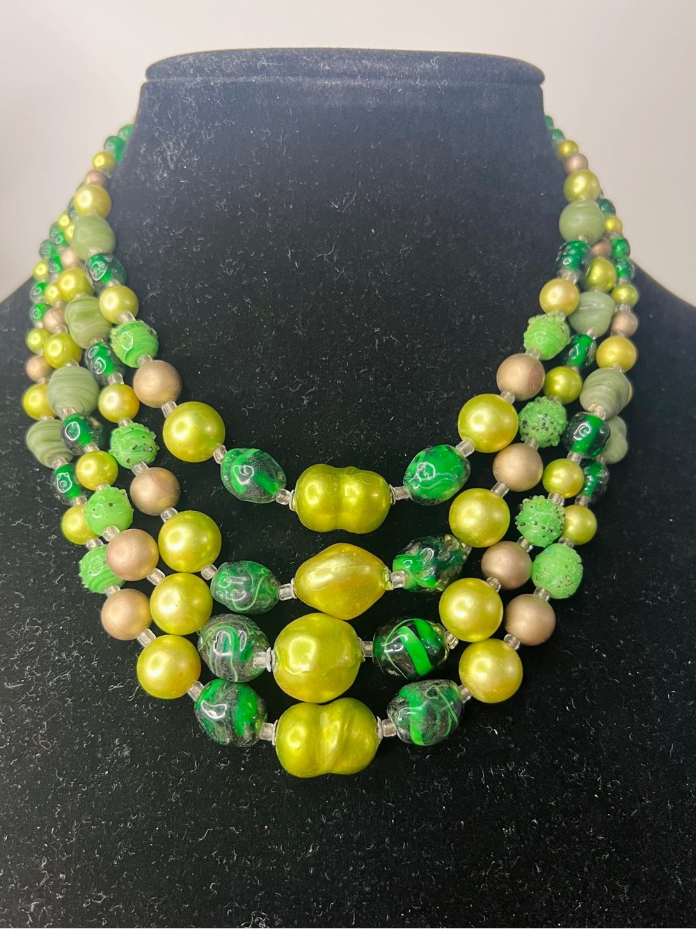 JAPAN Green & Gold Multi-Strand Beaded Necklace